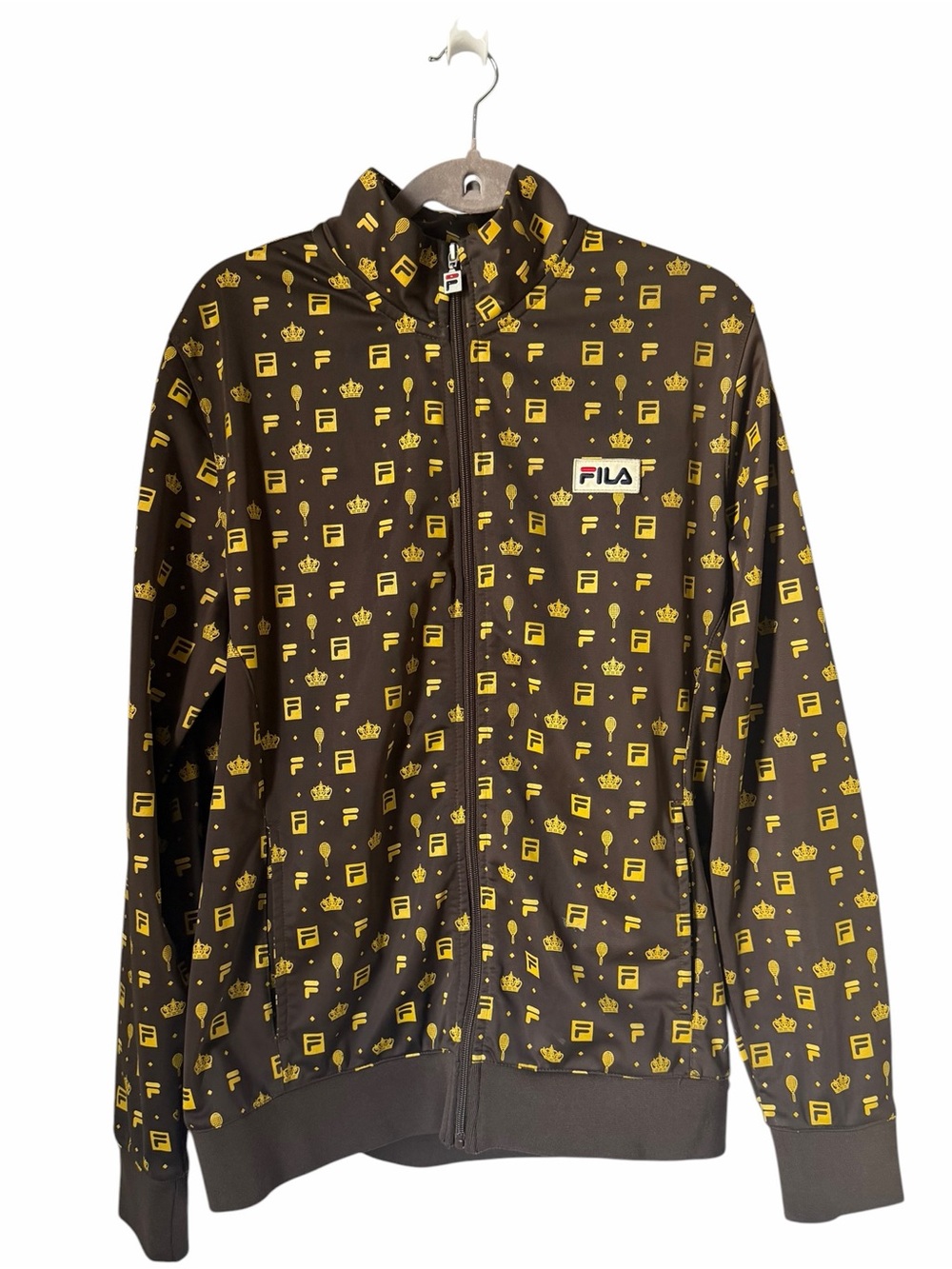 FILA Brown & Yellow Logo Track Jacket Tennis Racket Crown Athletic Zip Up